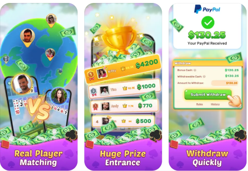 Three Solitaire King screens showing real player matching, huge prize entrance with prizes up to $4,200, and that you can withdraw quickly. 