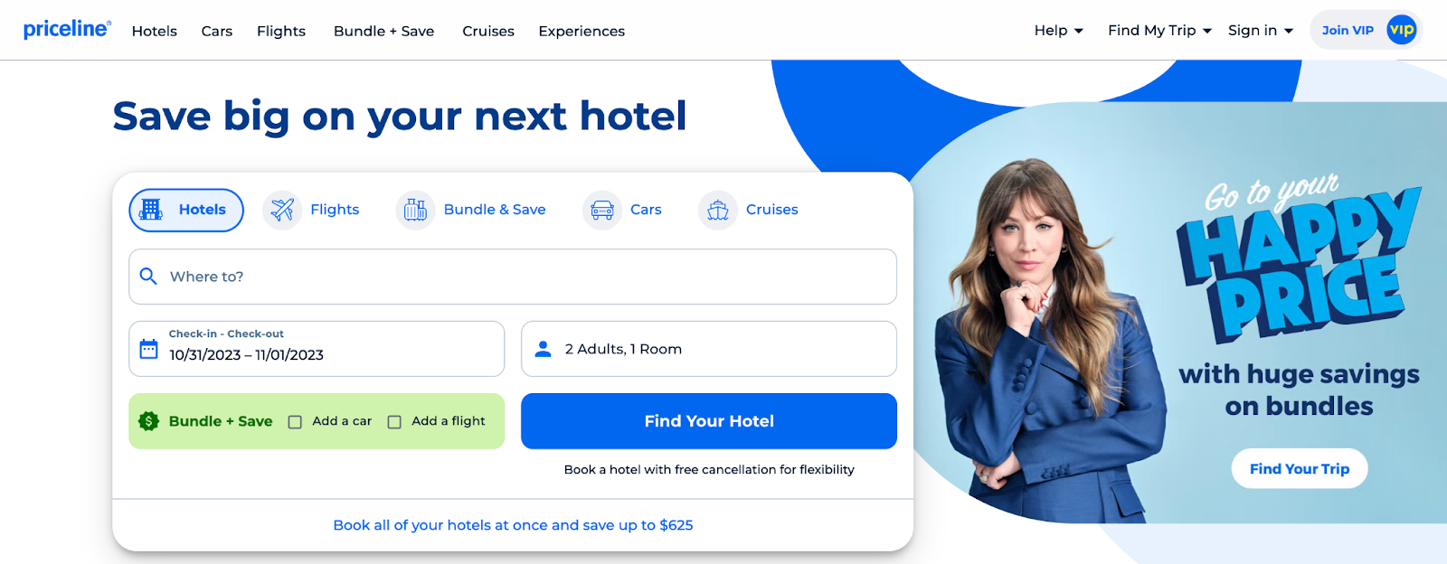 Priceline homepage for bookings