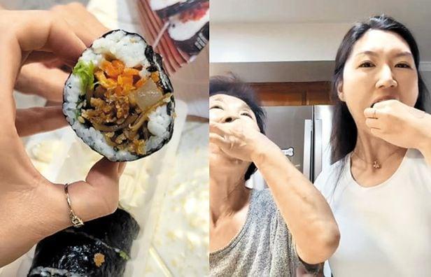 한국계 미국인 음식 블로거 사라 안이 어머니와 함께 트레이더 조에 나온 한국산 냉동김밥 'KIMBAP'을 먹어보고 "괜찮다"고 평하는 동영상. 조회수 1200만회를 넘겼다. /인스타그램
