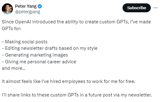 Tweet about using GPTs for marketing 