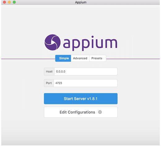 Screenshot of starting an appium server