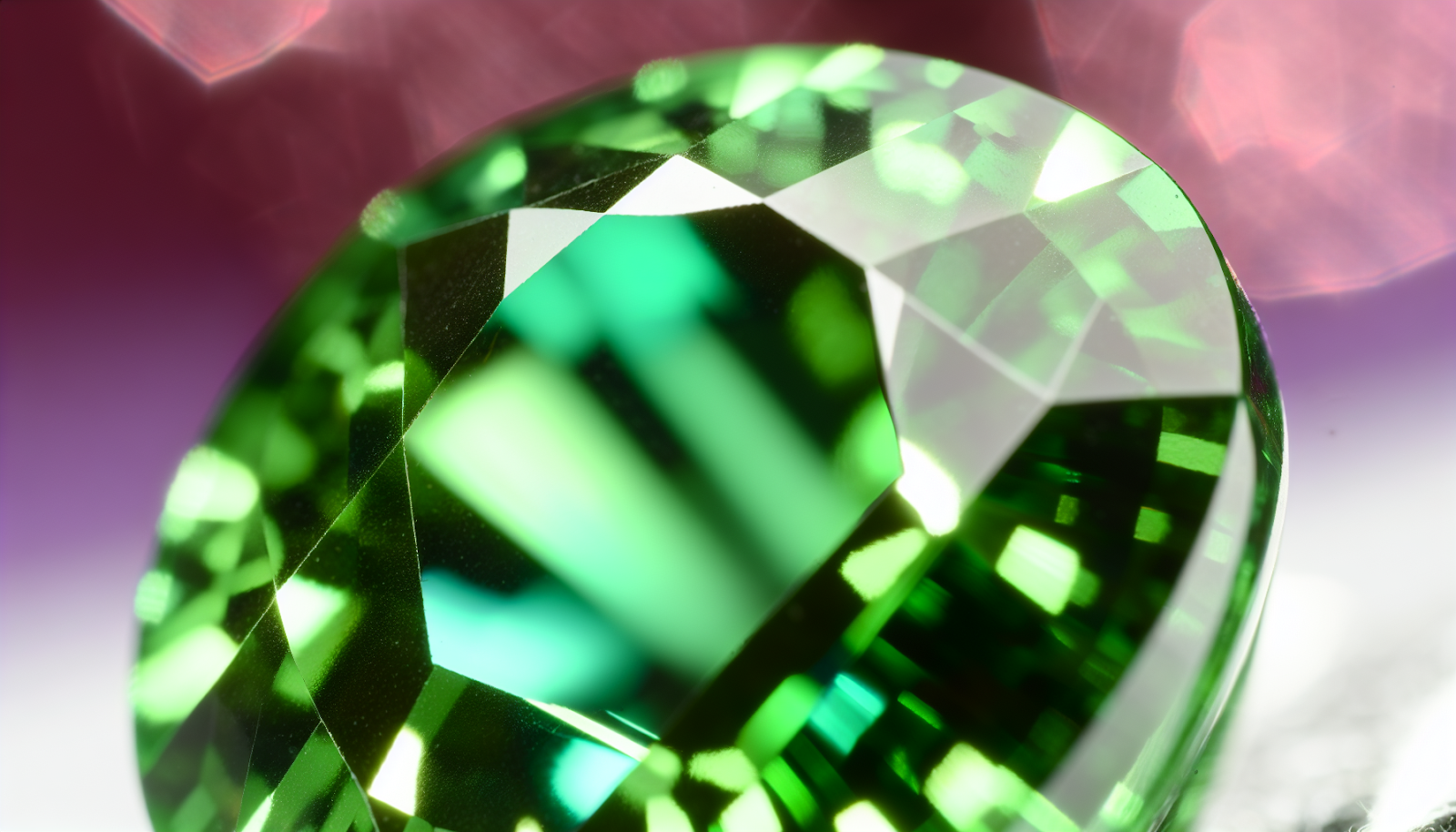 A macro shot of a tsavorite garnet displaying its high index of refraction and vibrant green color