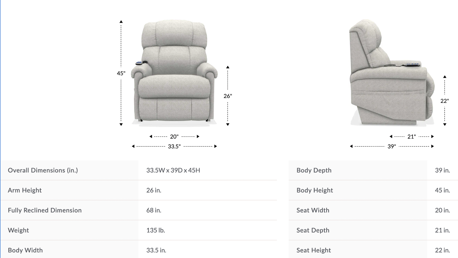 pinnacle platinum power lift recliner dimensions