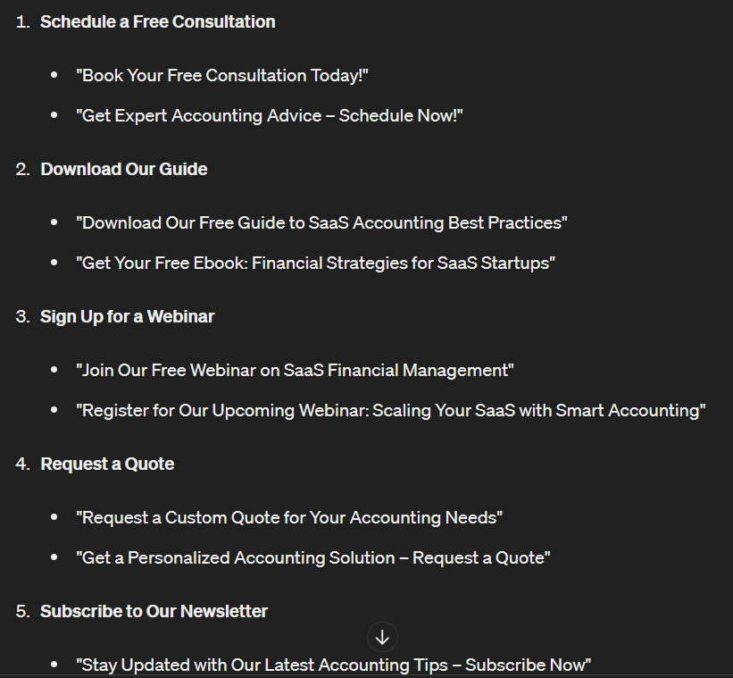 Example of email CTAs from ChatGPT