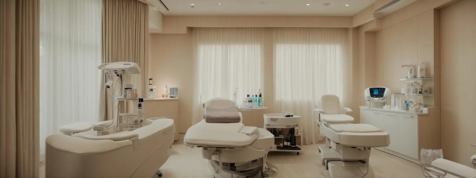 a serene medical spa consultation room with two advanced skincare devices prominently displayed.