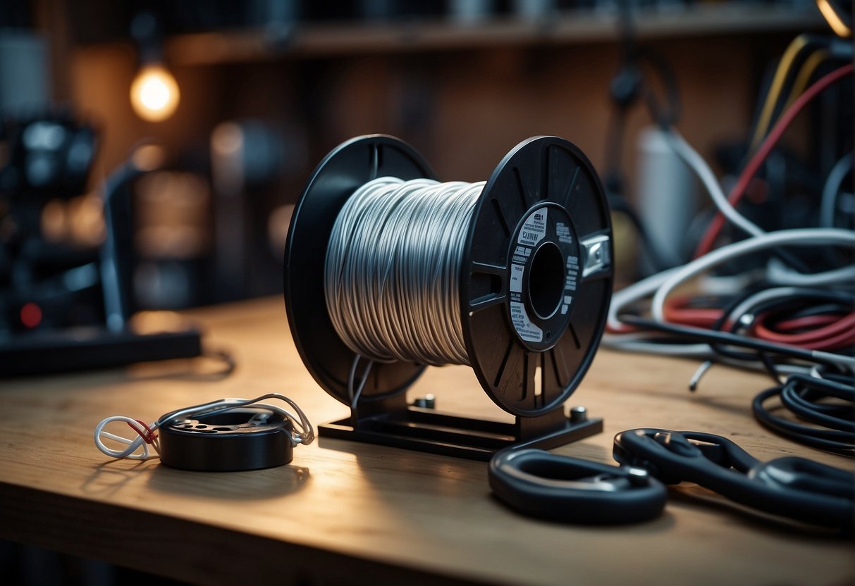 A spool of aluminum wiring sits on a workbench in a dimly lit basement, surrounded by electrical tools and fixtures