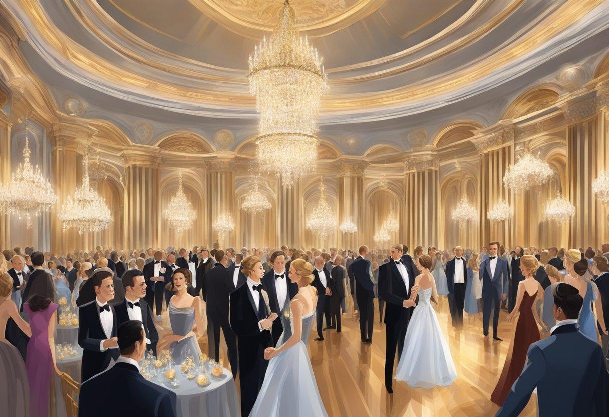 A grand ballroom filled with elegant attire and sparkling chandeliers, as renowned figures mingle and converse in the opulent setting