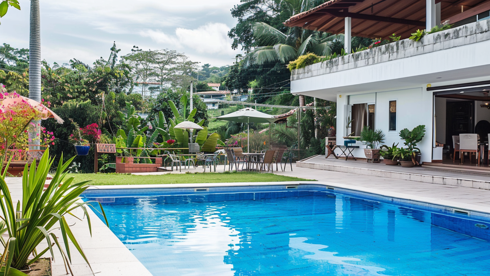 A two-story luxury vacation rental with a pool in Sao Paulo surrounded by plants