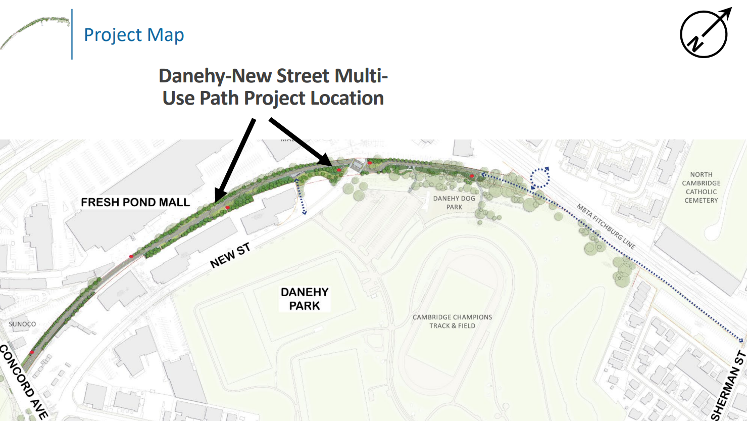 Project Map of Danehy-New Street Multi-Use Path Project location. From left to right, 2-D map shows Concord Avenue, Fresh Pond Mall, New Street, Danehy Park, Danehy Dog Park, Cambridge Champions Track & Field, MBTA Fitchburg Line, North Cambridge Catholic Cemetery, and Sherman Street. Along curve between Concord Avenue and Sherman Street, map shows project plan for crossings indicated by blue dotted lines, tree planting indicated by small tree graphics, and points of entry indicated by red dots.