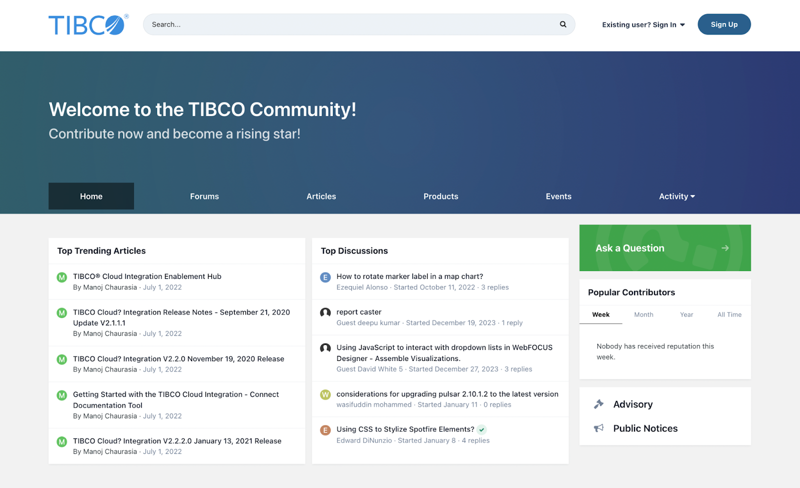 The homepage view of the new TIBCO Community site.