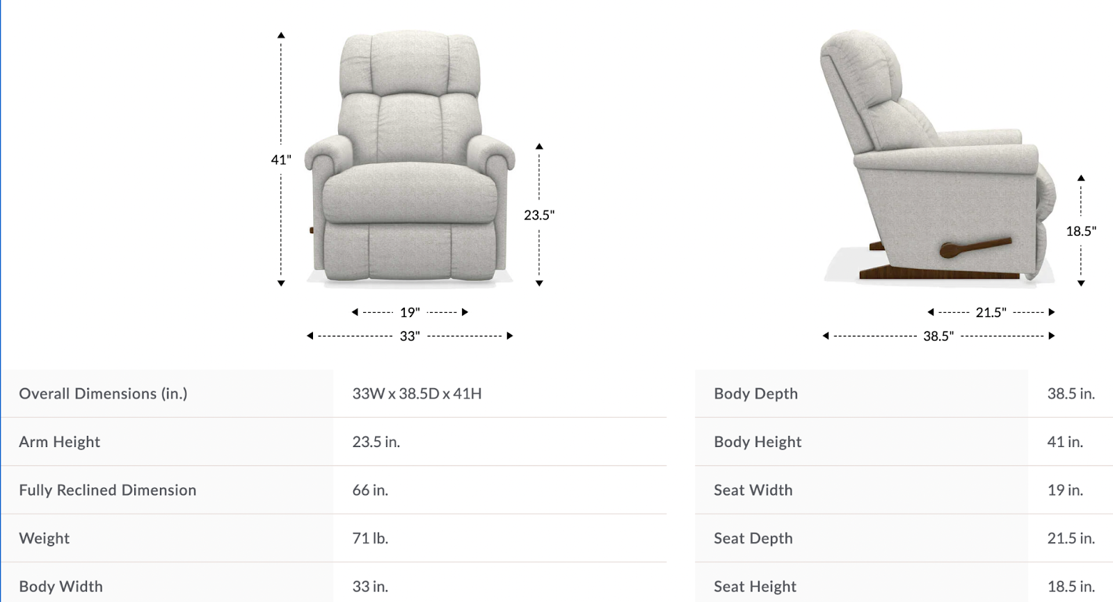 pinnacle rocking recliner dimensions