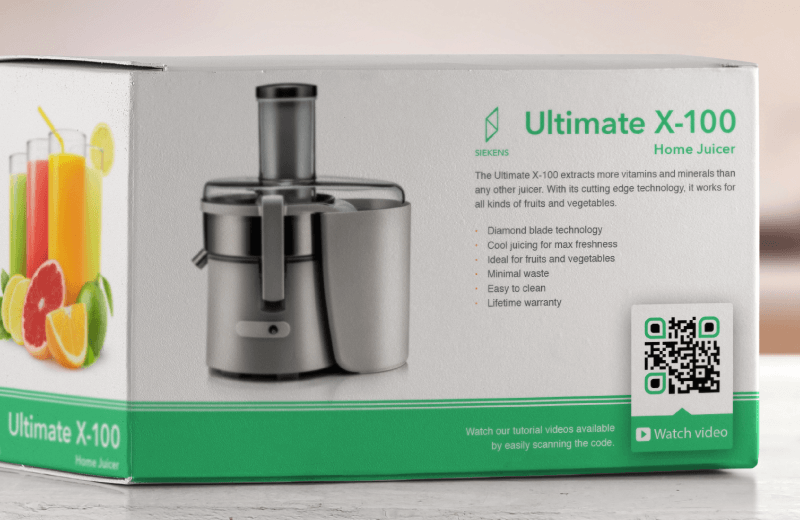 QR Coe on a home juicer product package prompting the buyer to scan and watch the product tutorial