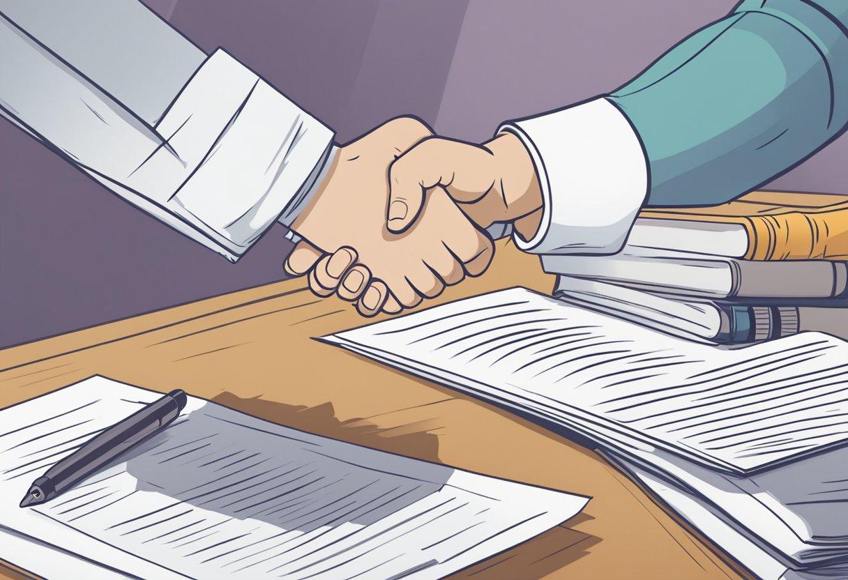A ghostwriter signs a confidentiality agreement, sealing it with a handshake. A stack of papers labeled "Essentials of Ghostwriting Engagements" sits on the desk