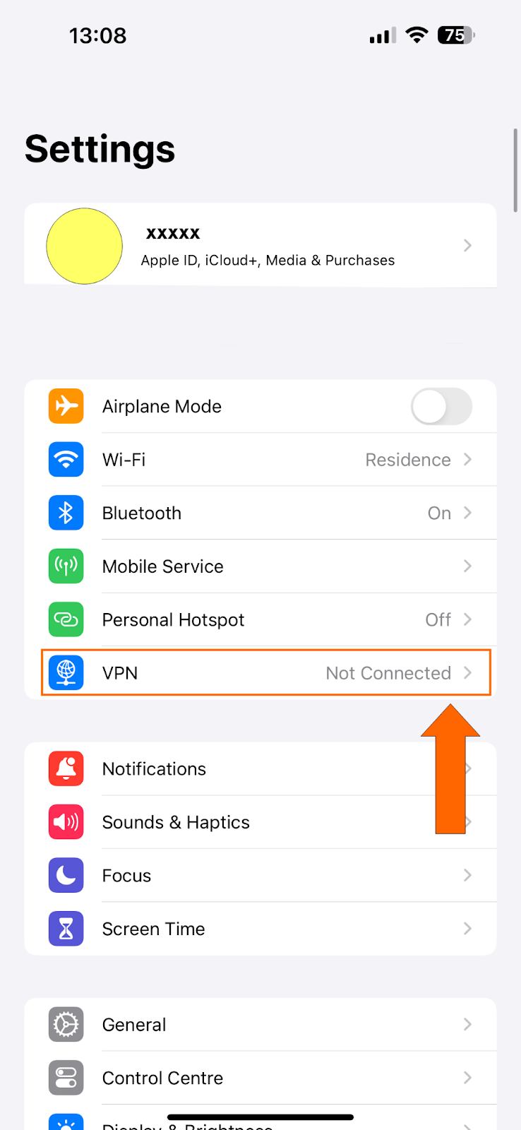 Settings menu for iOS with VPN highlighted.
