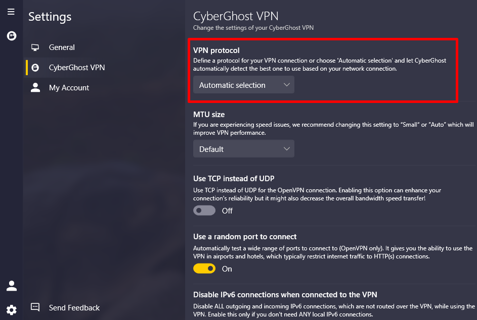 Image of the CyberGhost VPN's interface where you can set the VPN to automatically pick a protocol for you.