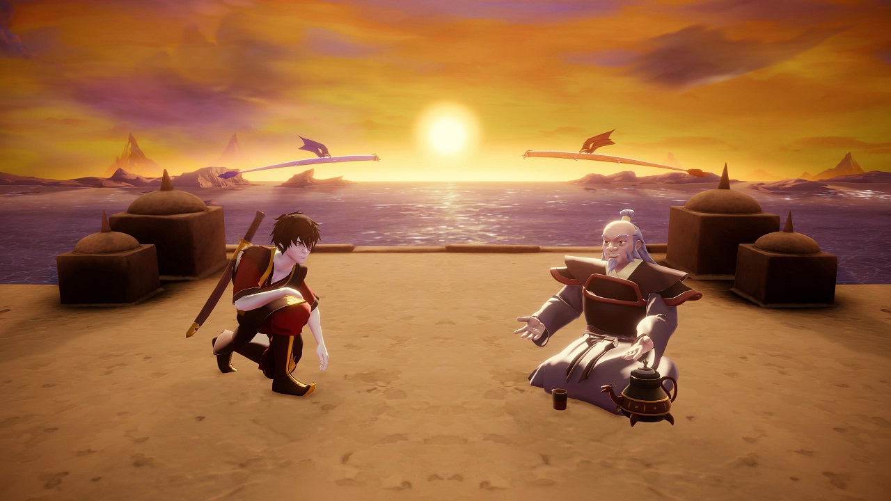 Zuko and his uncle crouch on a beach in front of a horizon sunset.