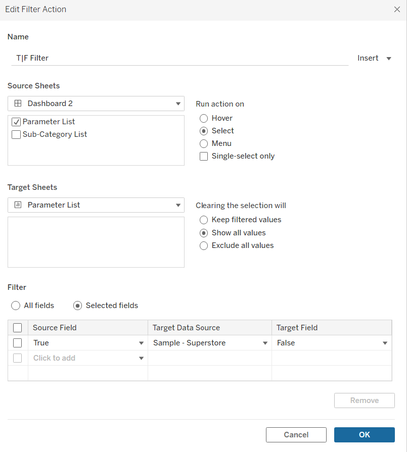 Multiple Select Parameters: Dashboard filter action setup