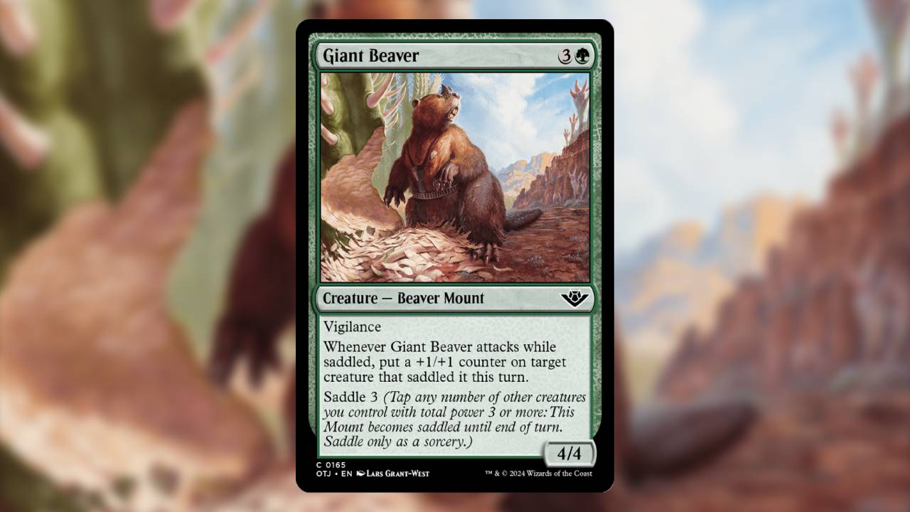 Vigilance: Whenever Giant Beaver attacks while saddled, put a +1/+1 counter on target creature that saddled it this turn.
