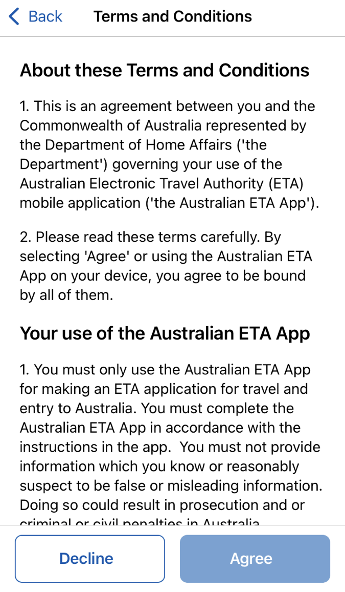 オーストラリアETA（ETAS） アプリ Terms and Conditions（利用規約）