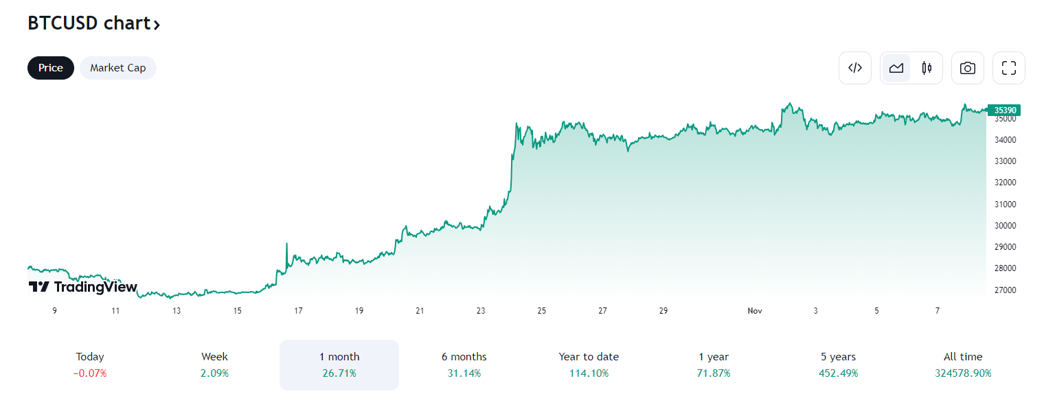 Bitcoin koers grafiek over de afgelopen maand. Bron: Tradingview