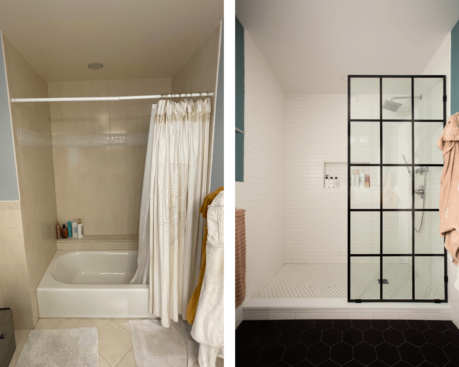 Before and after tub to shower conversion with an outdated kids' bathroom before, replacing it with a large walk in shower with a framed glass enclosure, chrome fixtures, white subway tile walls, hexagonal white tile flooring, and a rain showerhead.