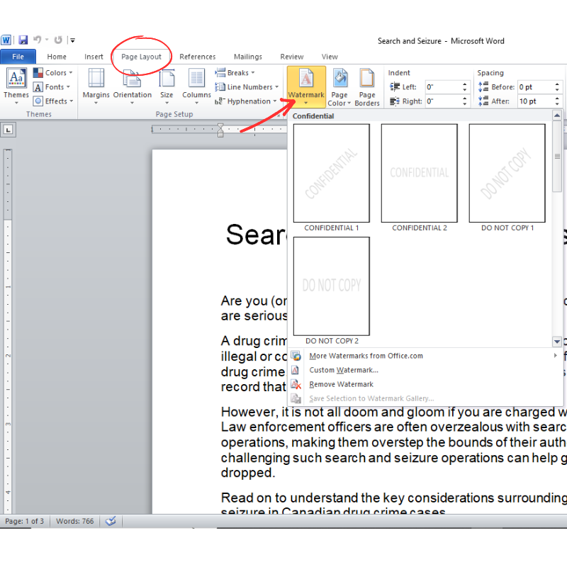 Clicking Page Layout > Watermark in Word