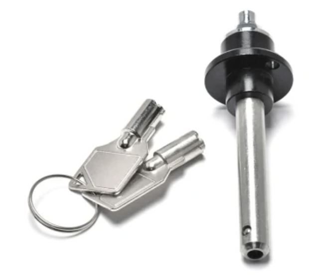 An image of a ball-lock pin that can be locked with a set of keys.