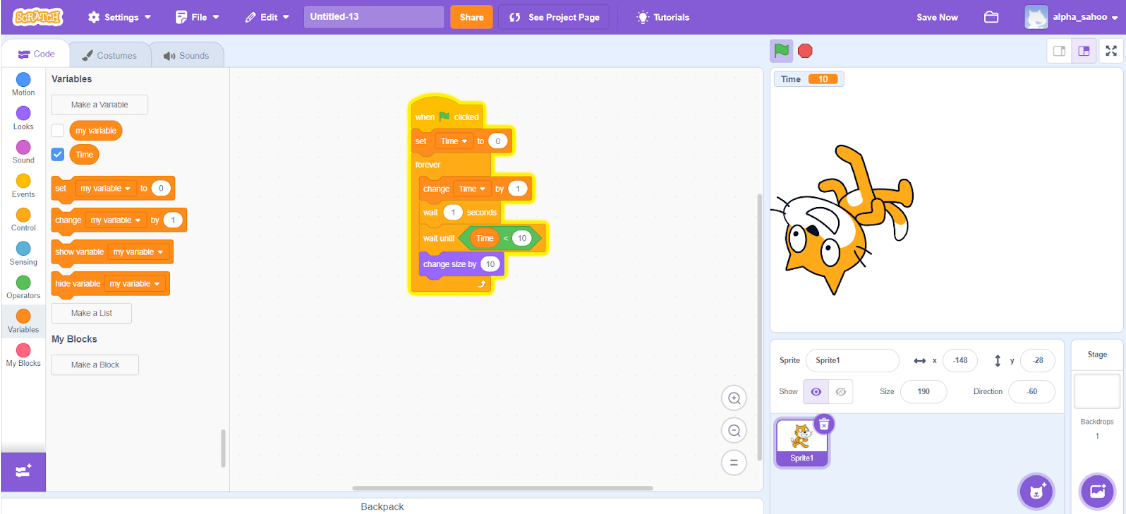 Output of Control Blocks Program in Scratch