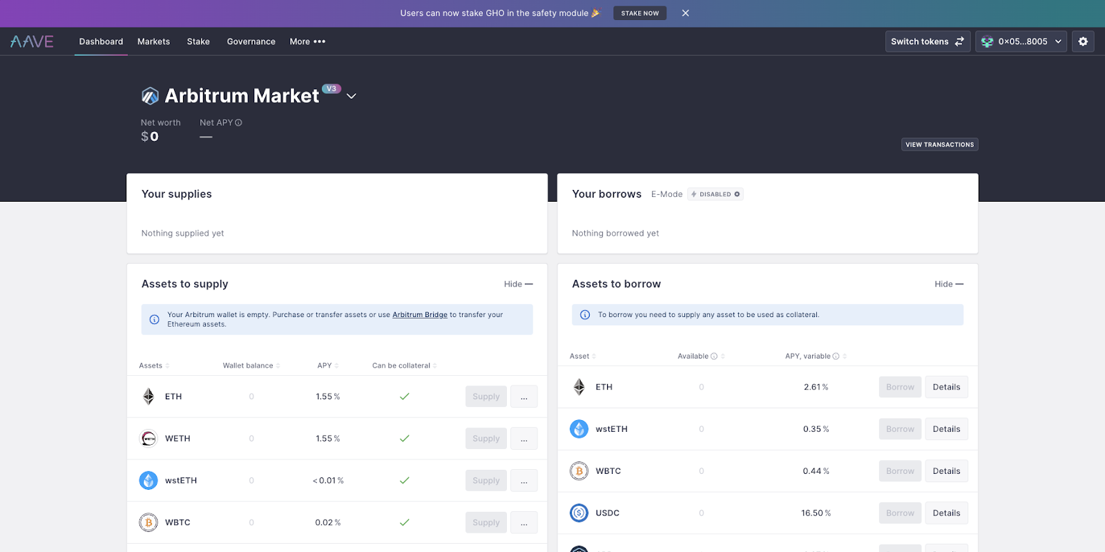 A screenshot of Aave showing both ETH and wETH deposits are supported; both have the same rate. 