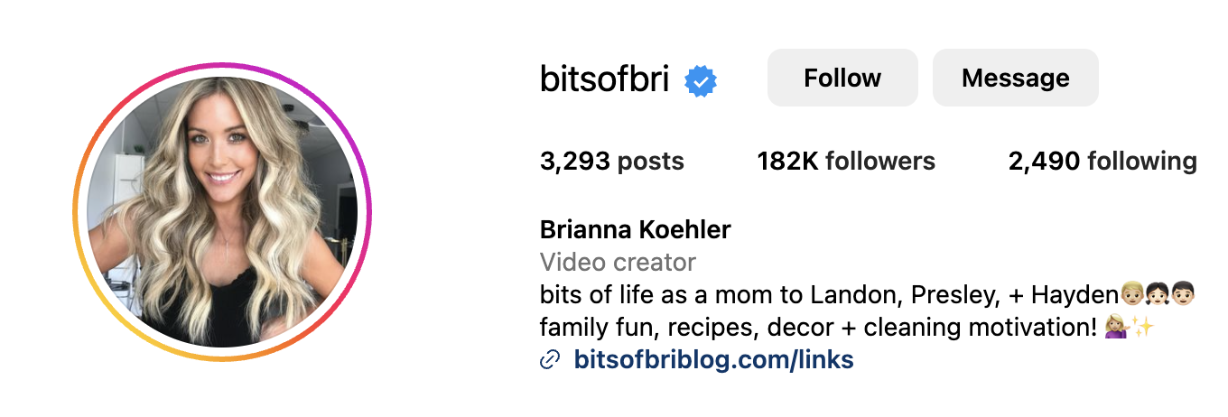 A screenshot of BitsofBri's instagram page. She is a well known mommy blogger.