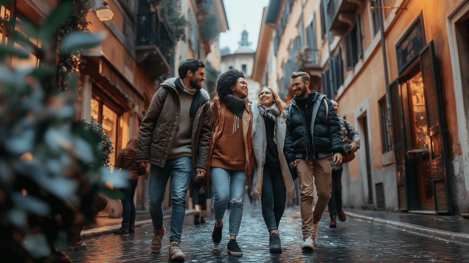 Friends strolling Rome's streets