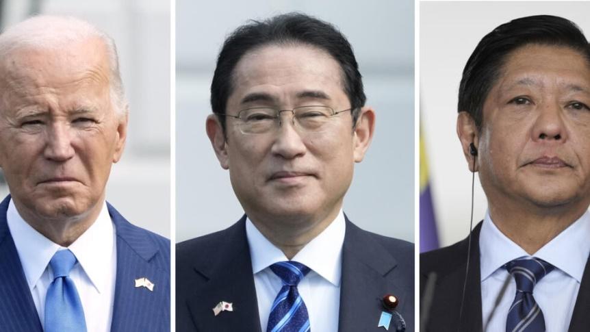 This combination photo shows President Joe Biden from left, and Japanese Prime Minister Fumio Kishida on April 10, 2024, in Washington, and Philippine President Ferdinand Marcos Jr. on March 12, 2024,