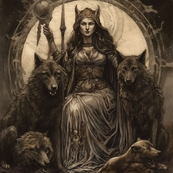 The depicted artwork showcases Hecate, elegantly attired in a resplendent dress and regal crown, majestically seated on her throne alongside four black dogs.
