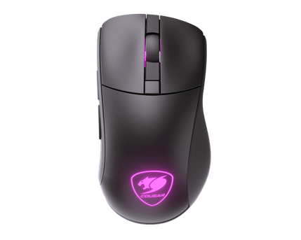 A black computer mouse with pink lights

Description automatically generated