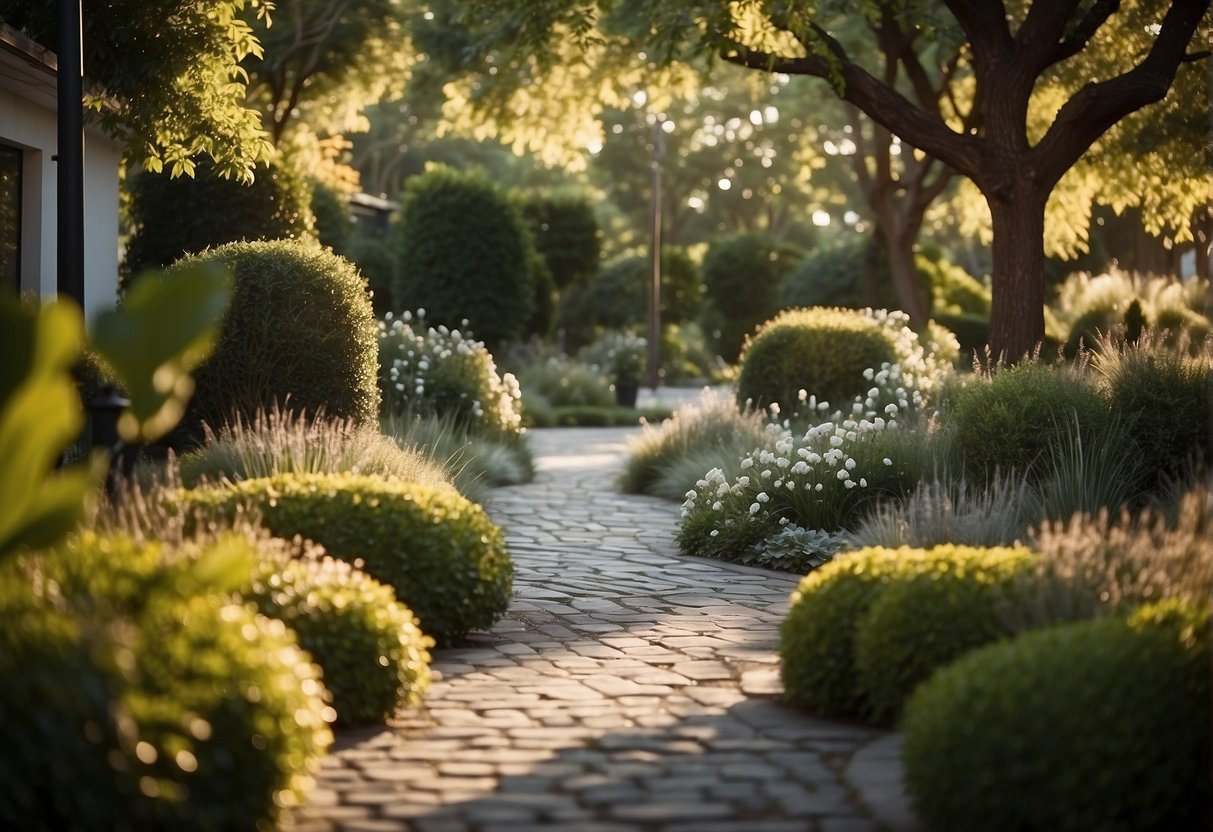 A well-lit pathway winds through a landscaped garden, highlighting the beauty of the surroundings and providing a safe and inviting entrance to the home