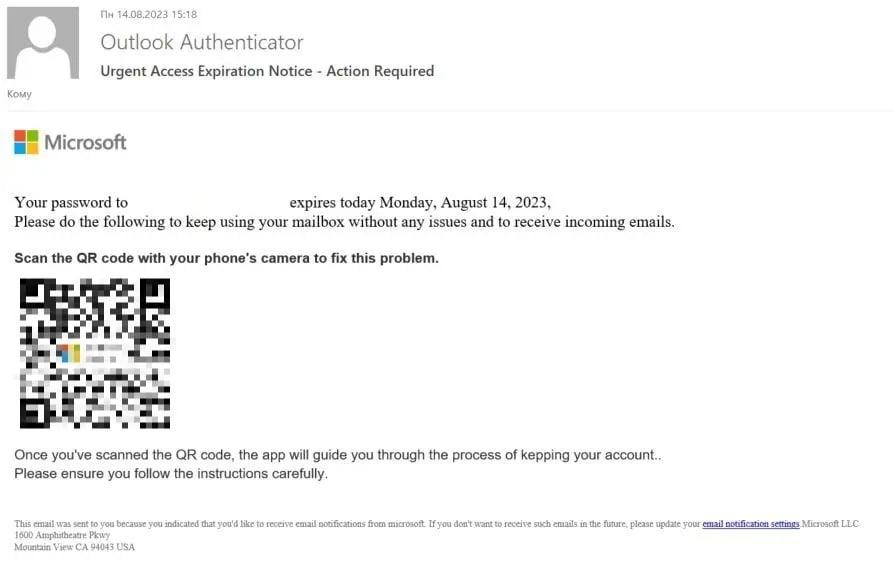 Example of a QR code phishing attack, impersonating a Microsoft Outlook email