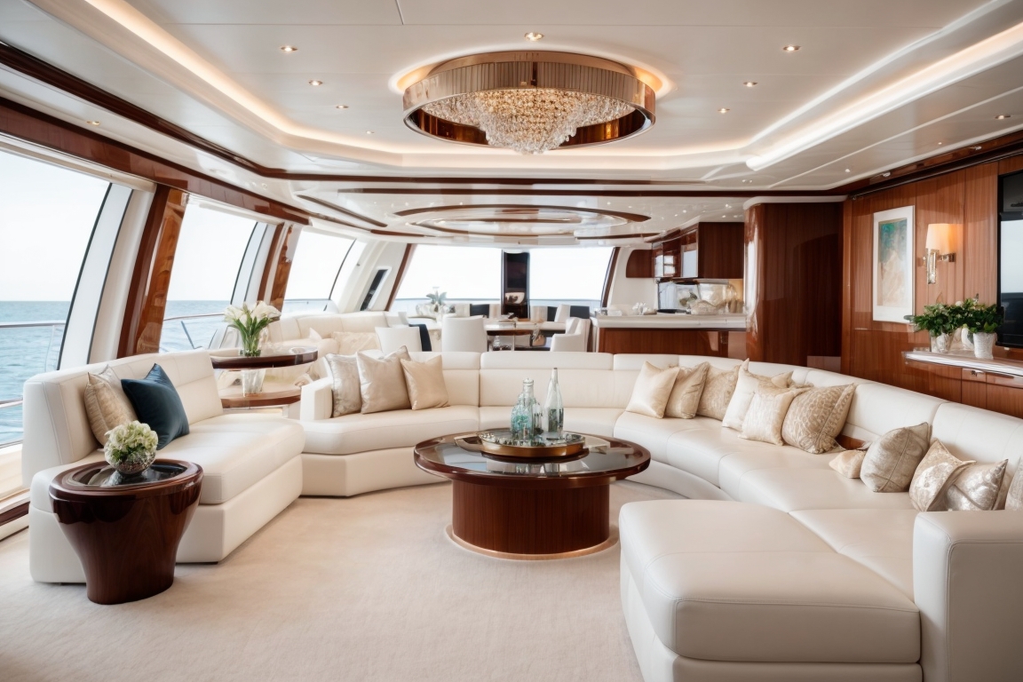 The sophisticated and elegant interior of a luxury yacht anchored in Los Cabos.
