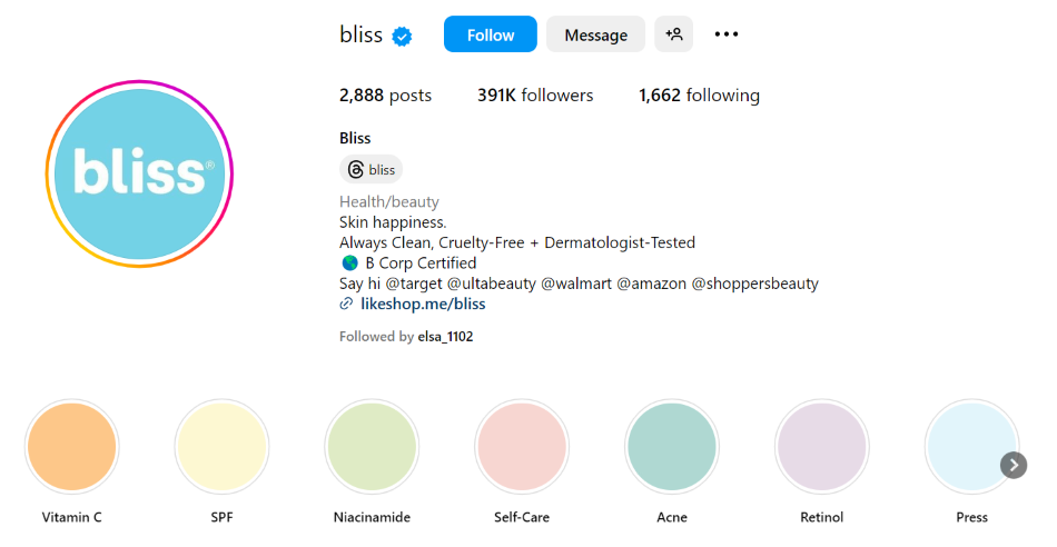 Bliss Instagram bio example