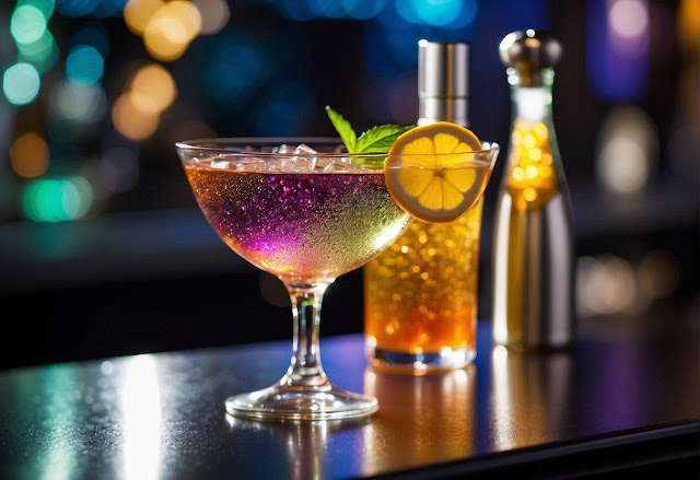 A sparkling cocktail shaker pours a glittery liquid into a glamorous glass, surrounded by shimmering bottles of colorful liqueurs and garnishes