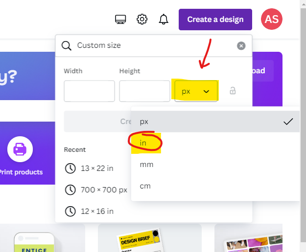 change units for custom size create your design button on canva