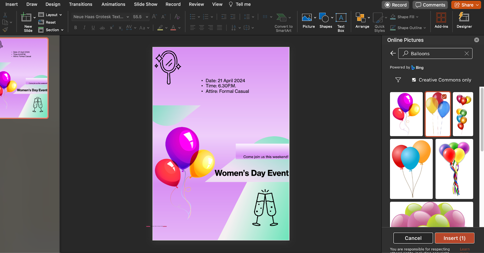 balloons added on powerpoint slide