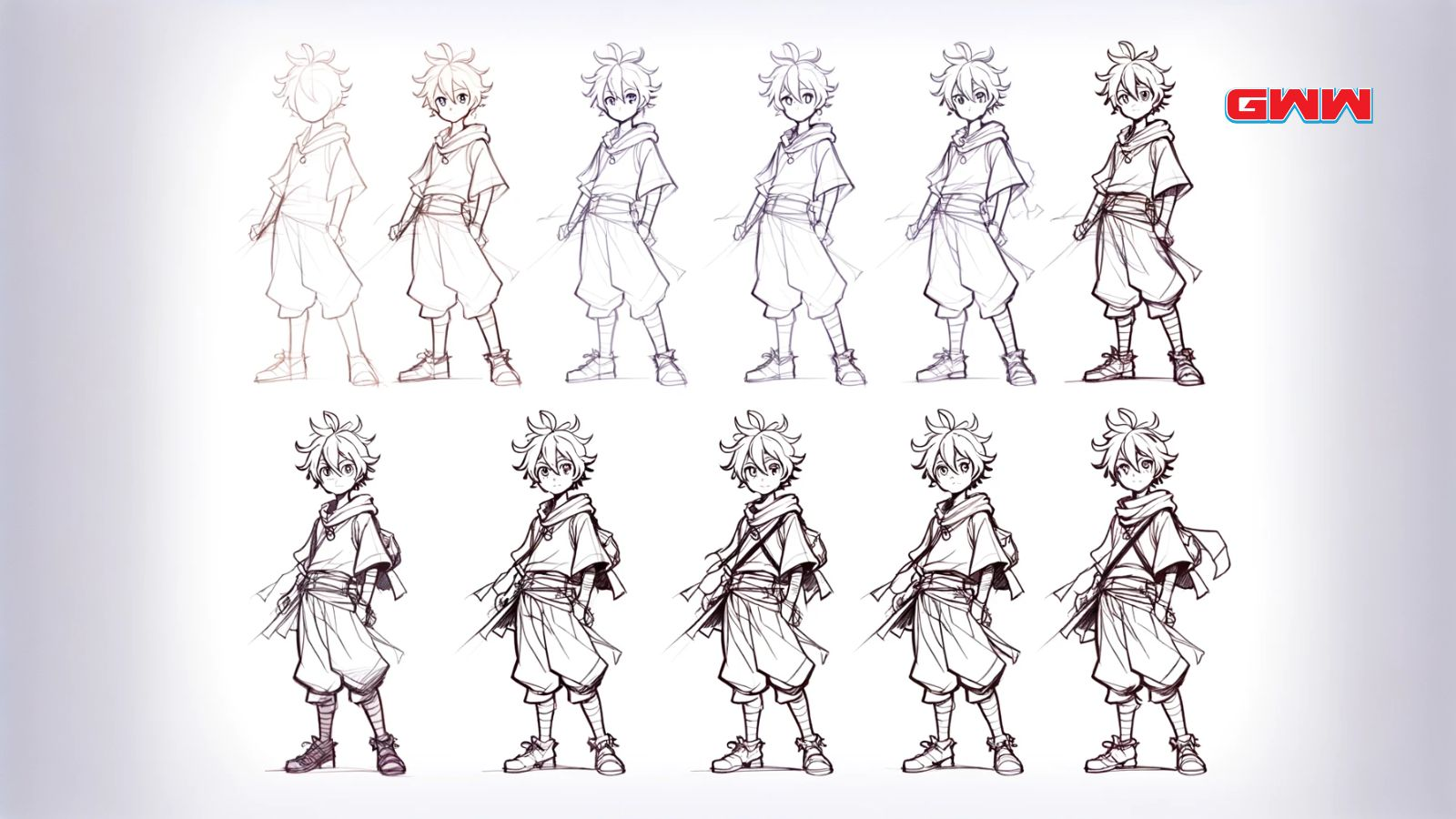 A series of pencil sketch of standing anime body poses from start to finish