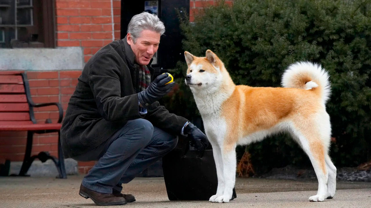 El actor Richard Gere junto a uno de los perros que interpretó a Hachiko en la película "Siempre a tu lado: Hachiko" (2009).