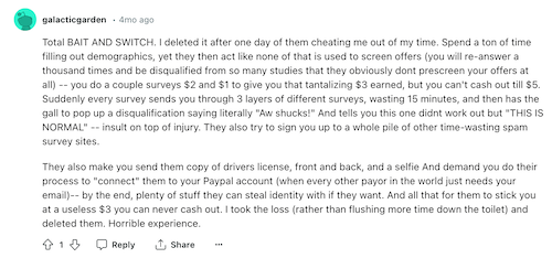 A Reddit post from an Earn Haus user who thought it was all too much hassle for a very small payout and said that they couldn't even earn enough to get that small payout. 