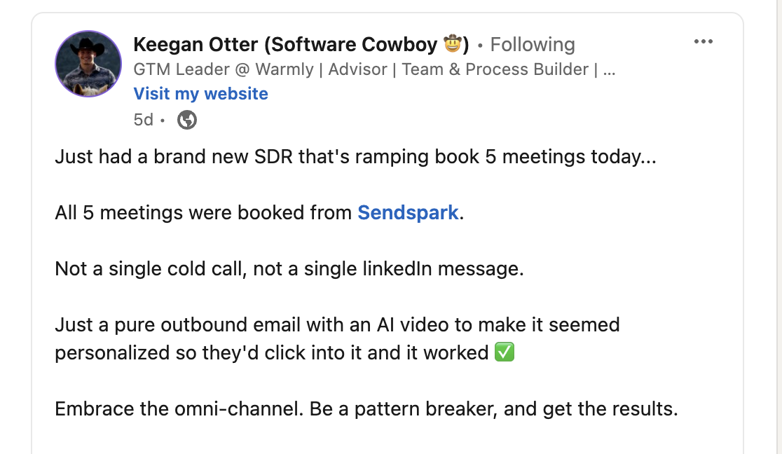 Image of Keegans linkedin post talking about the benefits of Sendspark