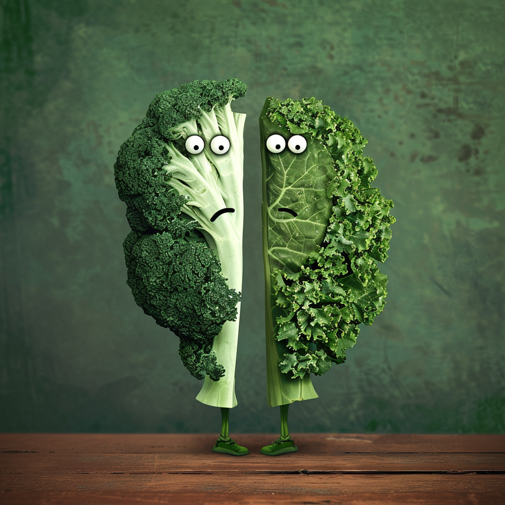 Half of  leaves of spinach and kale with cartoon eyes and mouth standing next to each other. There is green background behind them.