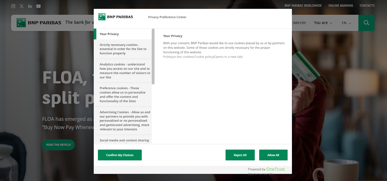 BNP Paribas - cookie consent banner examples