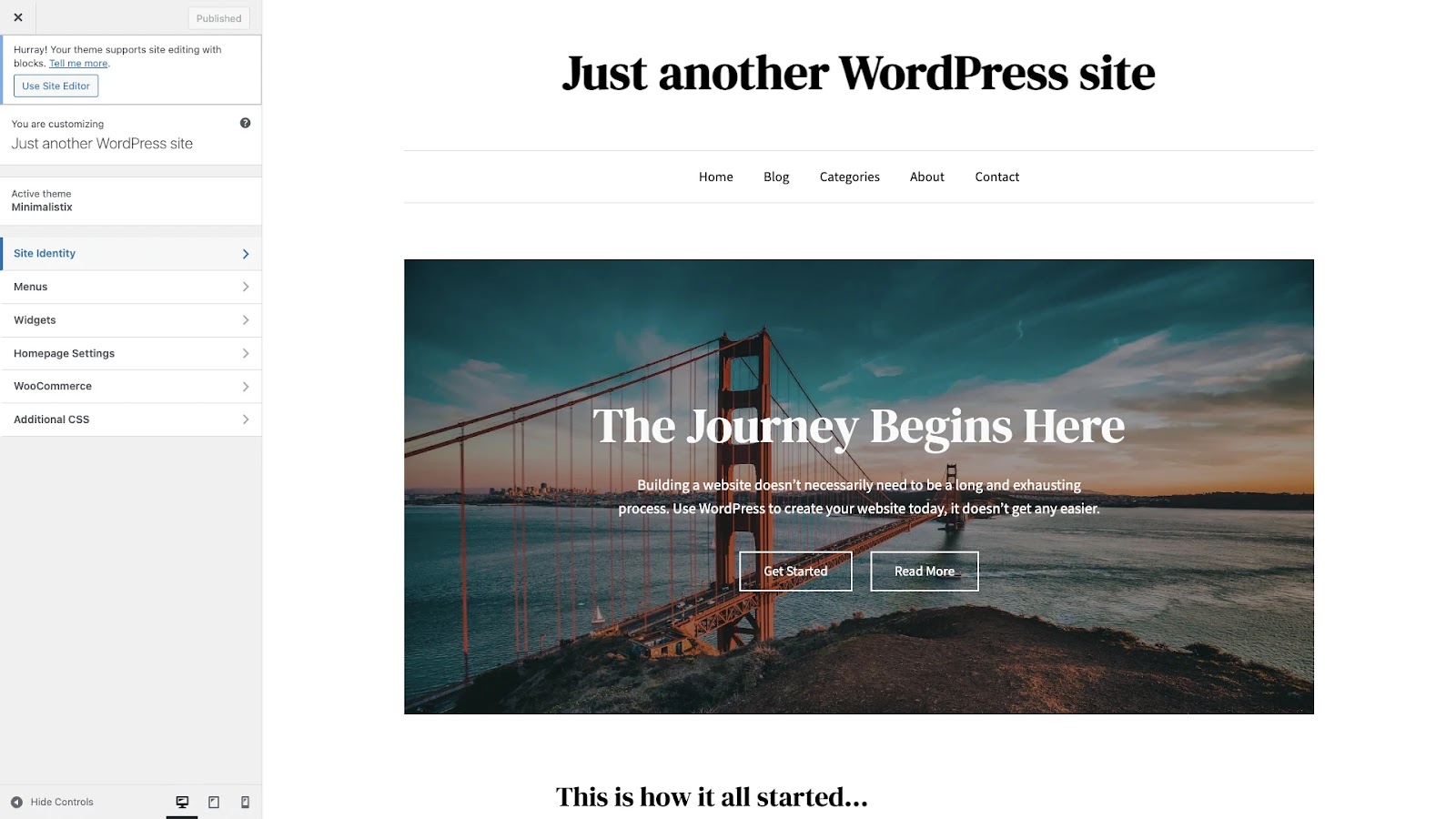 Captura de pantalla del Personalizador de WordPress con un nuevo sitio que incluye un título de marcador de posición, una imagen destacada y un subtítulo.