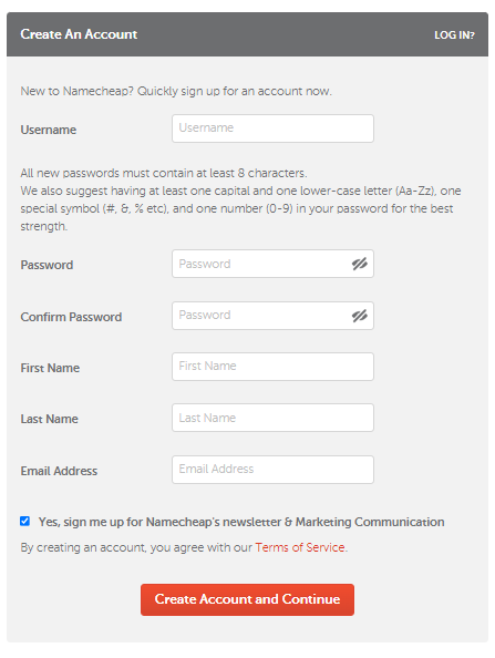 Namecheap account set up