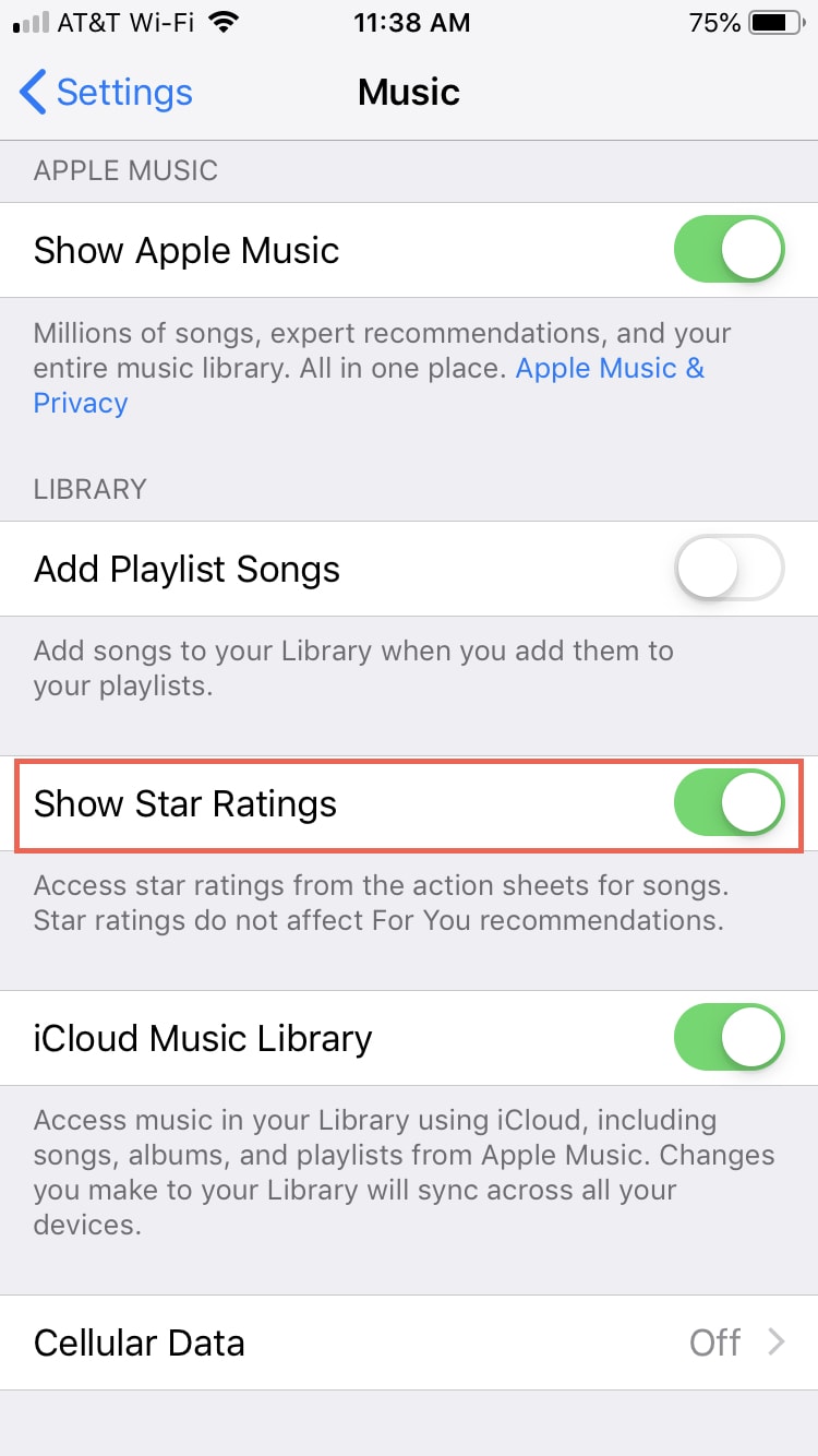 iPhone Apple Music settings with the Show Star Ratings feature turned on and highlighted in red